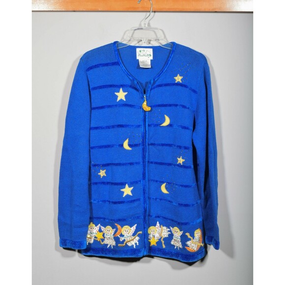 Quacker Factory Sweaters - Quacker Factory Cotton Blend Blue 3D Angel Moon Beaded Cardigan Sweater M
